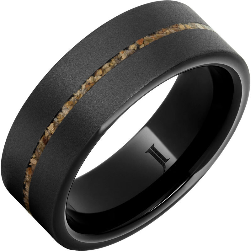 Black Diamond Ceramic 8mm Ring with Dinosaur Bone  Fossil Inlay and Sandblast Finish  Size 11