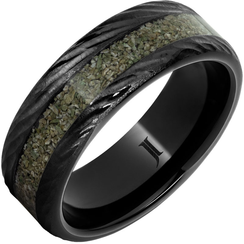 Black Diamond Ceramic 8mm Ring with Fossil Dinosaur Bone Inlay and Tree Bark Pattern Edges  Size 10.5 