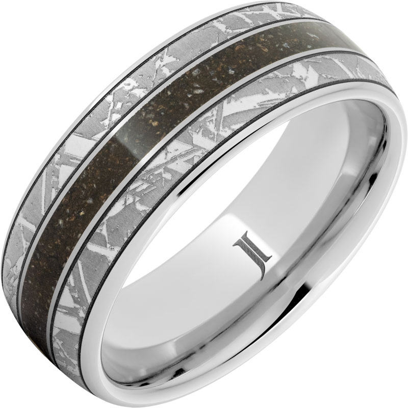 Serinium 8mm Ring with Meteorite Engraving and Fossil Dinosaur Bone Inlay  Size 10