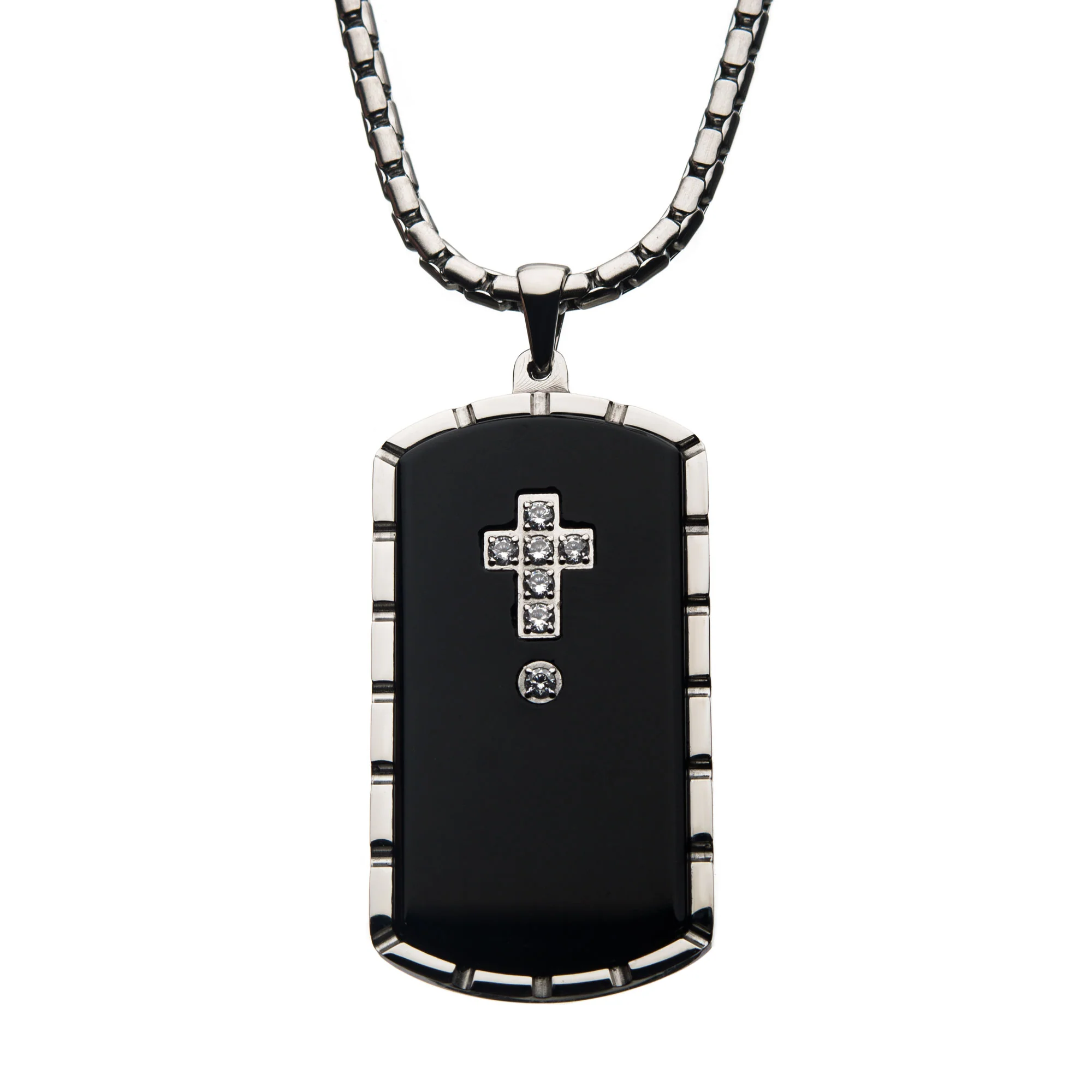 stainless steel onyx and cz dog tag with cross