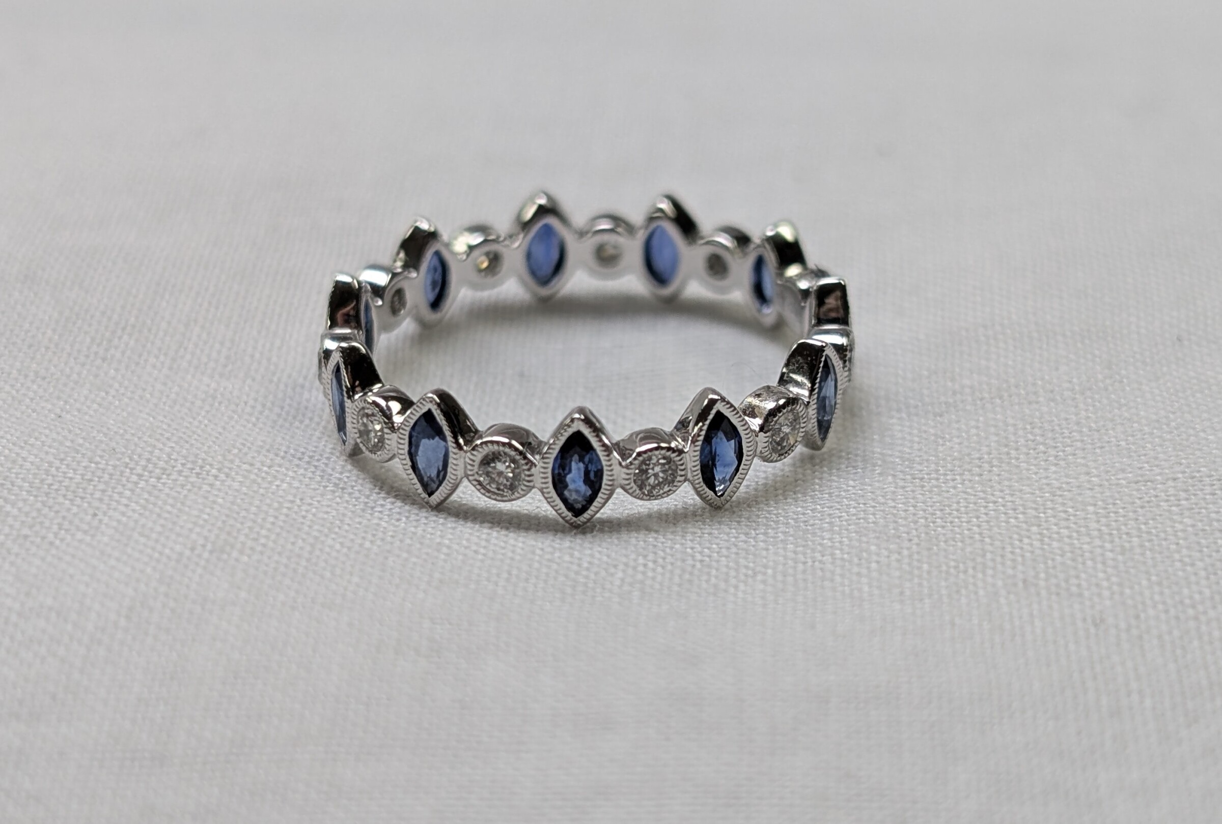 14kt WG MQ Sapphire and RD Diamond Eternity Ring 11 S= .90cttw 11D=.24cttw GH SI FS6 25-3-1037 FHETFT