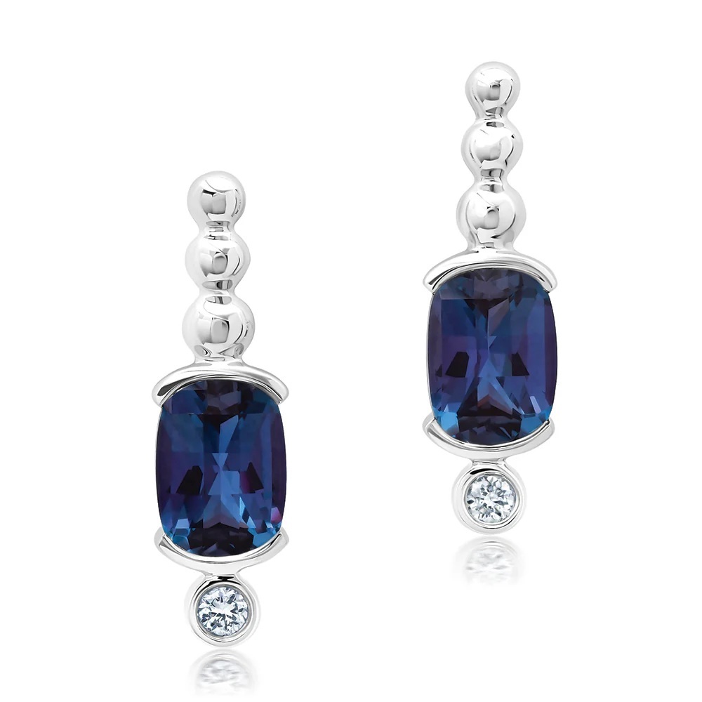 14 Karat White Gold Checkerboard Antique Cushion Cut Laboratory Grown Alexandrite and Laboratory Grown Diamond Earrings