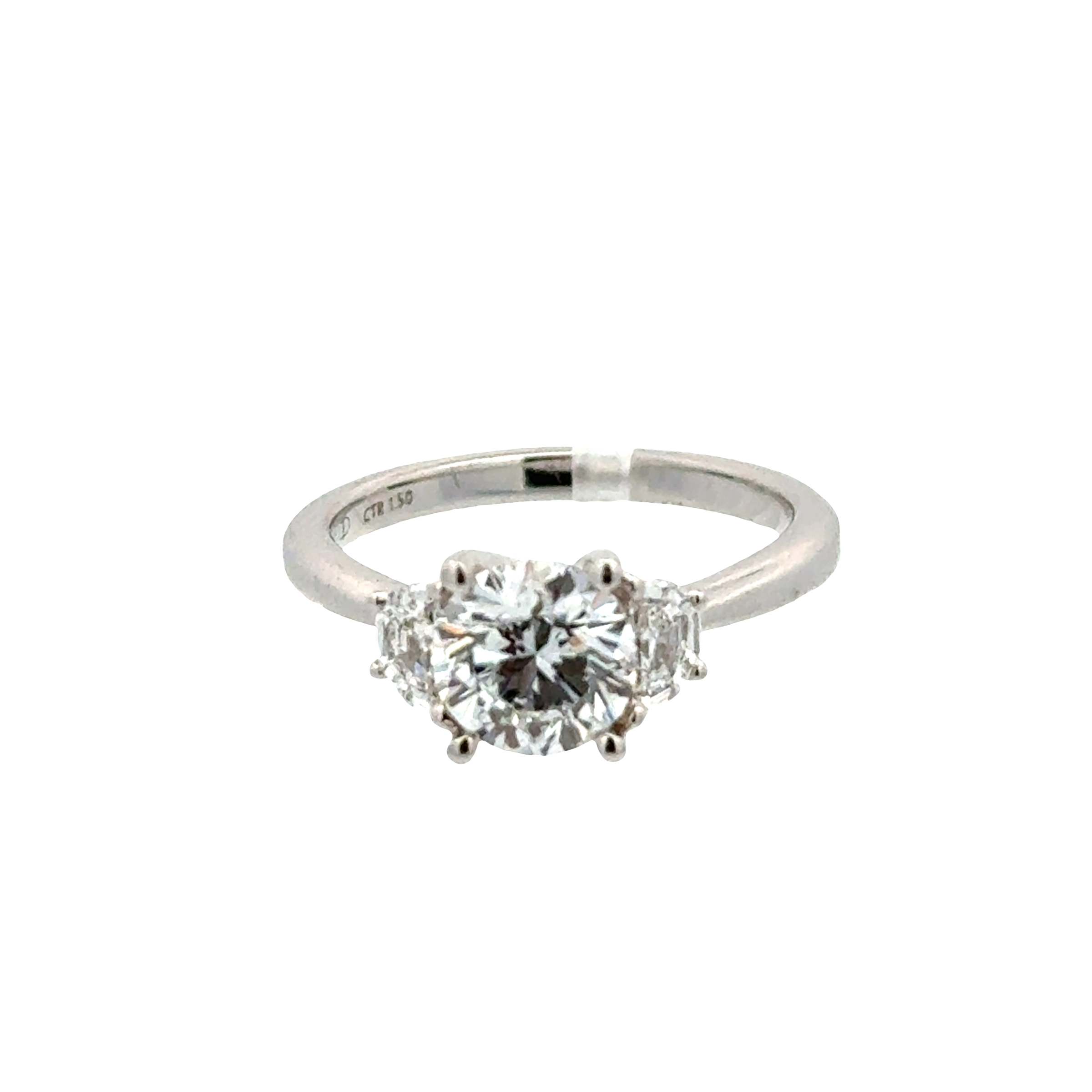 14 Karat White Gold Laboratory Grown 3 Stone Diamond Ring with Round and Halfmoon Shapes