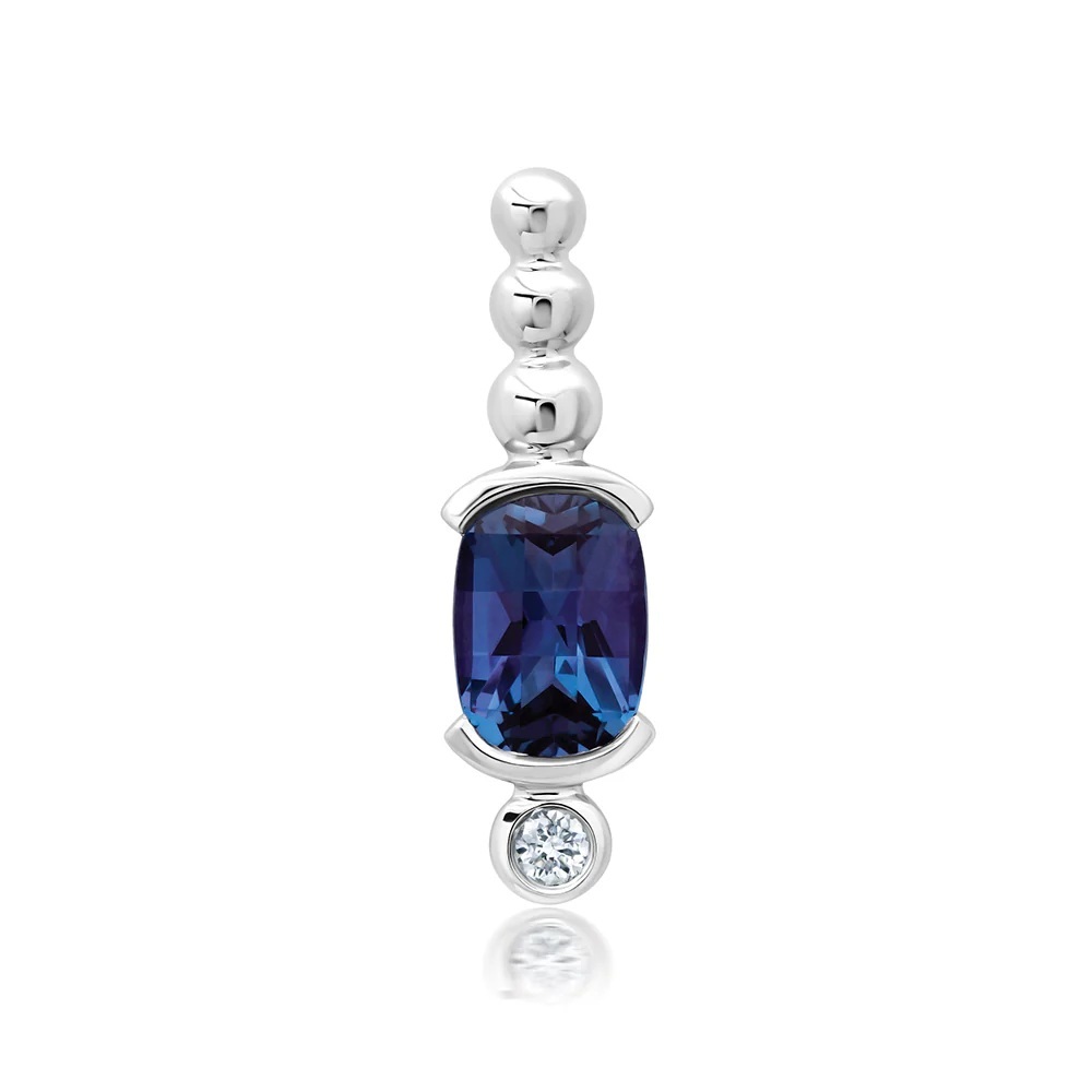 14 Karat White Gold Laboratory Grown Checkerboard Antique Cushion Alexandrite with Laboratory Grown Diamonds Pendant