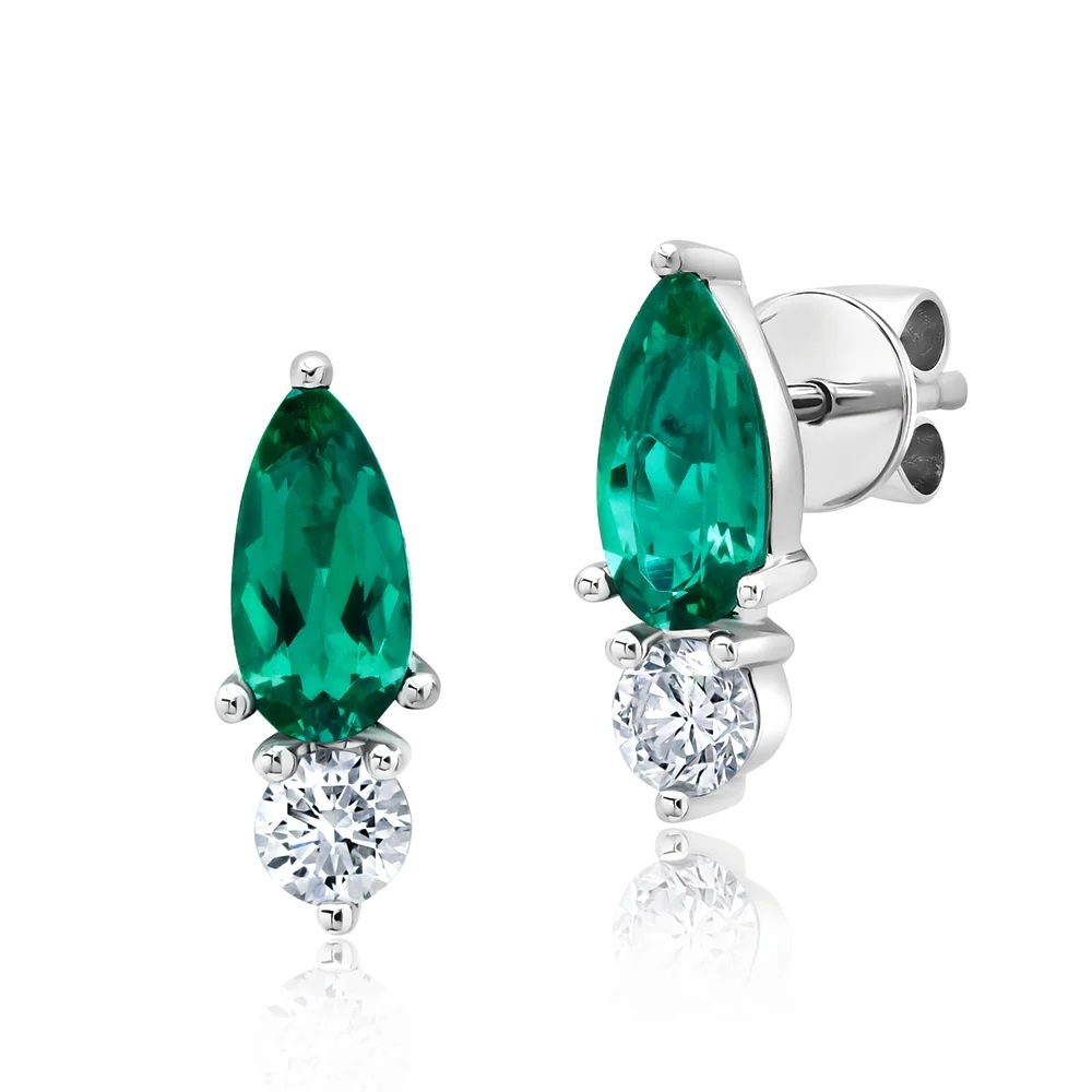 14 Karat White Gold Laboratory Grown Emerald and Laboratory Grown Diamond Earrings