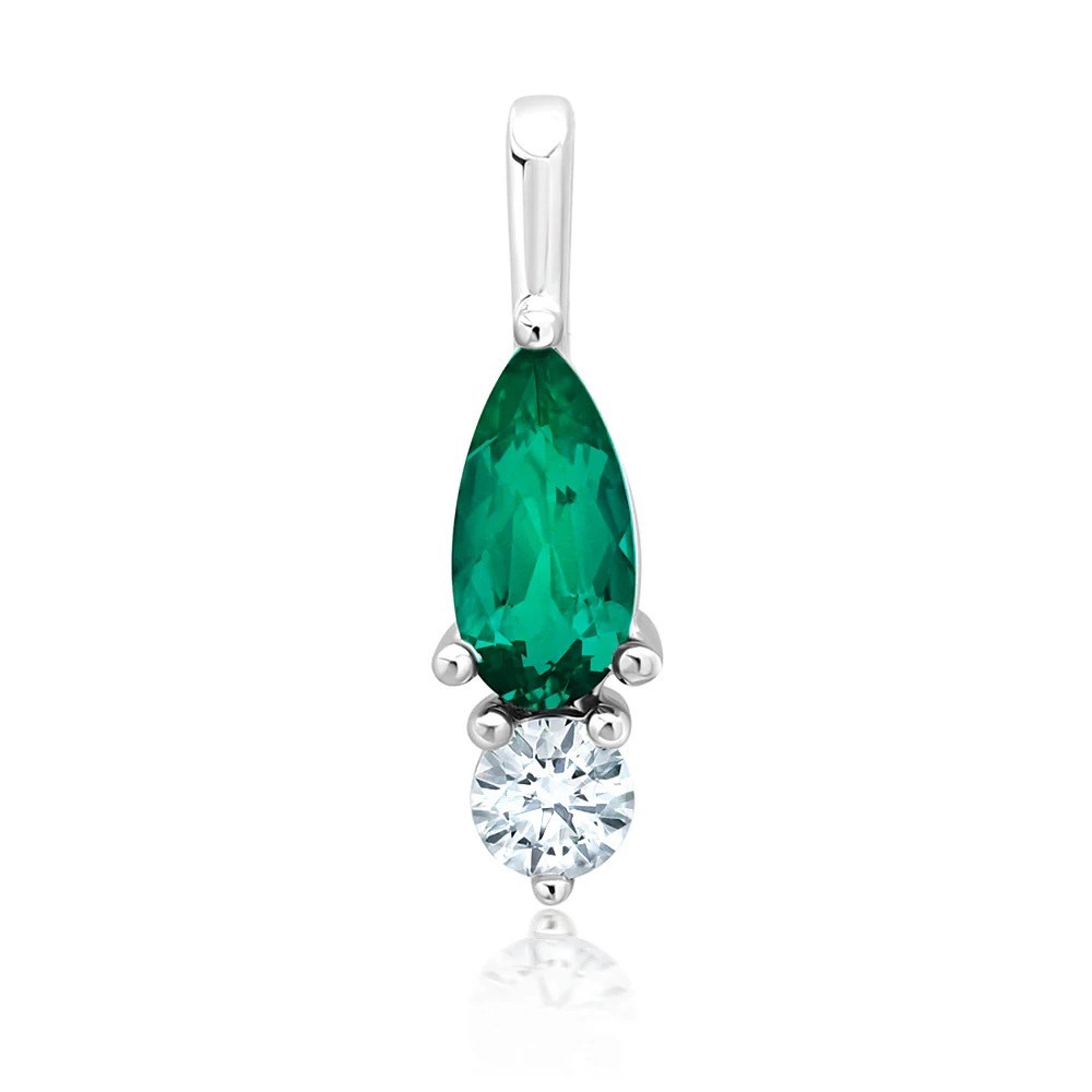 14 Karat White Gold Laboratory Grown Emerald and Laboratory Grown Diamond Pendant