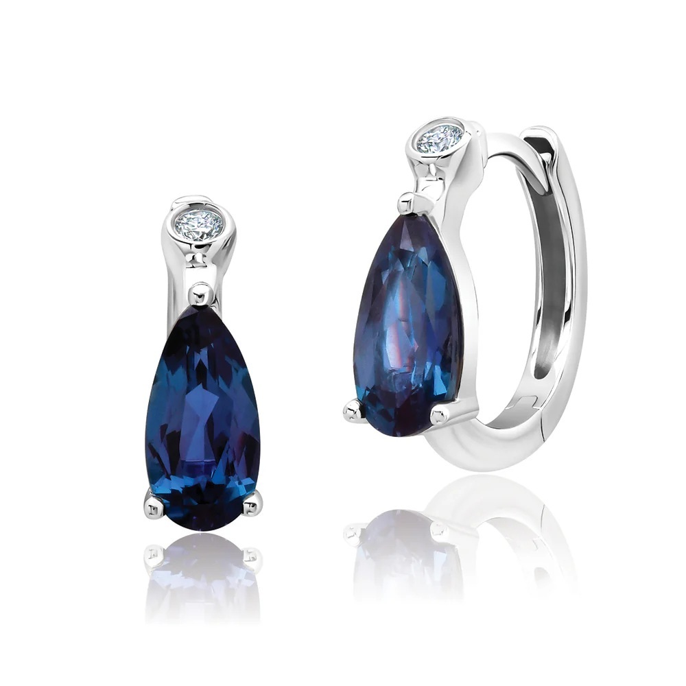 14 Karat White Gold Laboratory Grown Pear Shape Alexandrite and Laboratory Grown Diamond Earrings