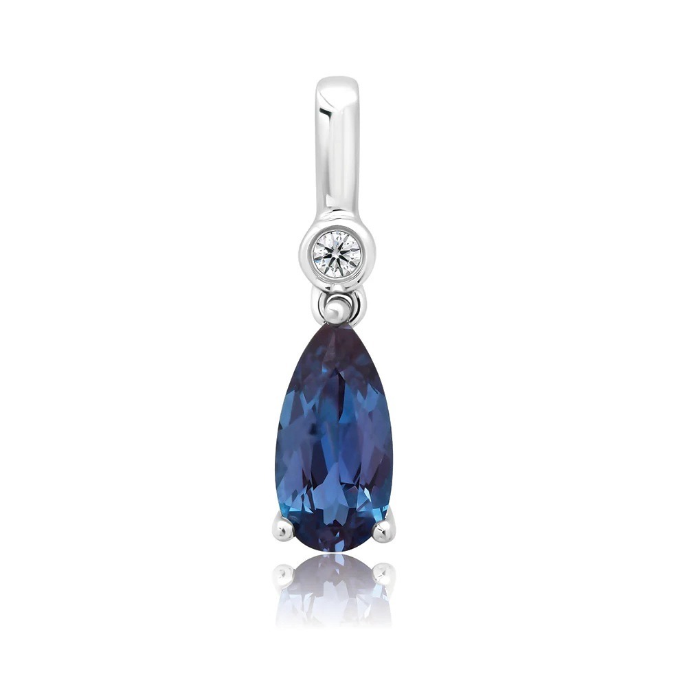 14 Karat White Gold Laboratory Grown Pear Shape Alexandrite and Laboratory Grown Diamond Pendant