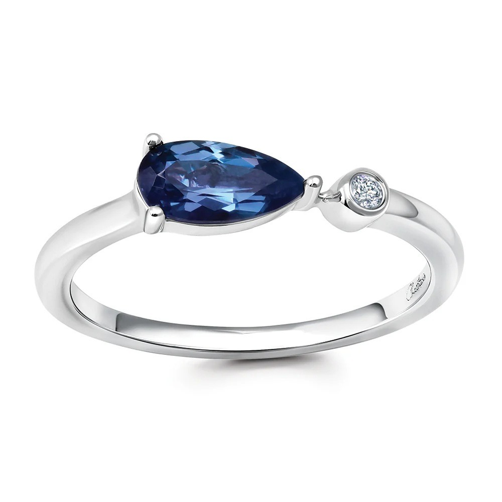 14 Karat White Gold Laboratory Grown Pear Shaped Alexandrite and Laboratory Grown Diamond Ring