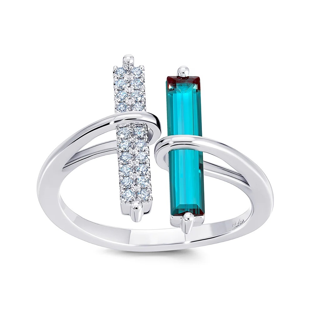 14 Karat White Gold Ring with Chatham Laboratory Grown Baguette Alexandrite and Laboratory Grown Diamonds