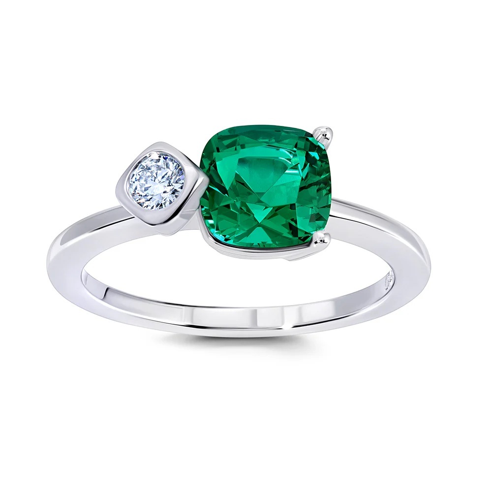 14 Karat White Gold Ring with Chatham Laboratory Grown Emerald and Laboratory Grown Diamonds