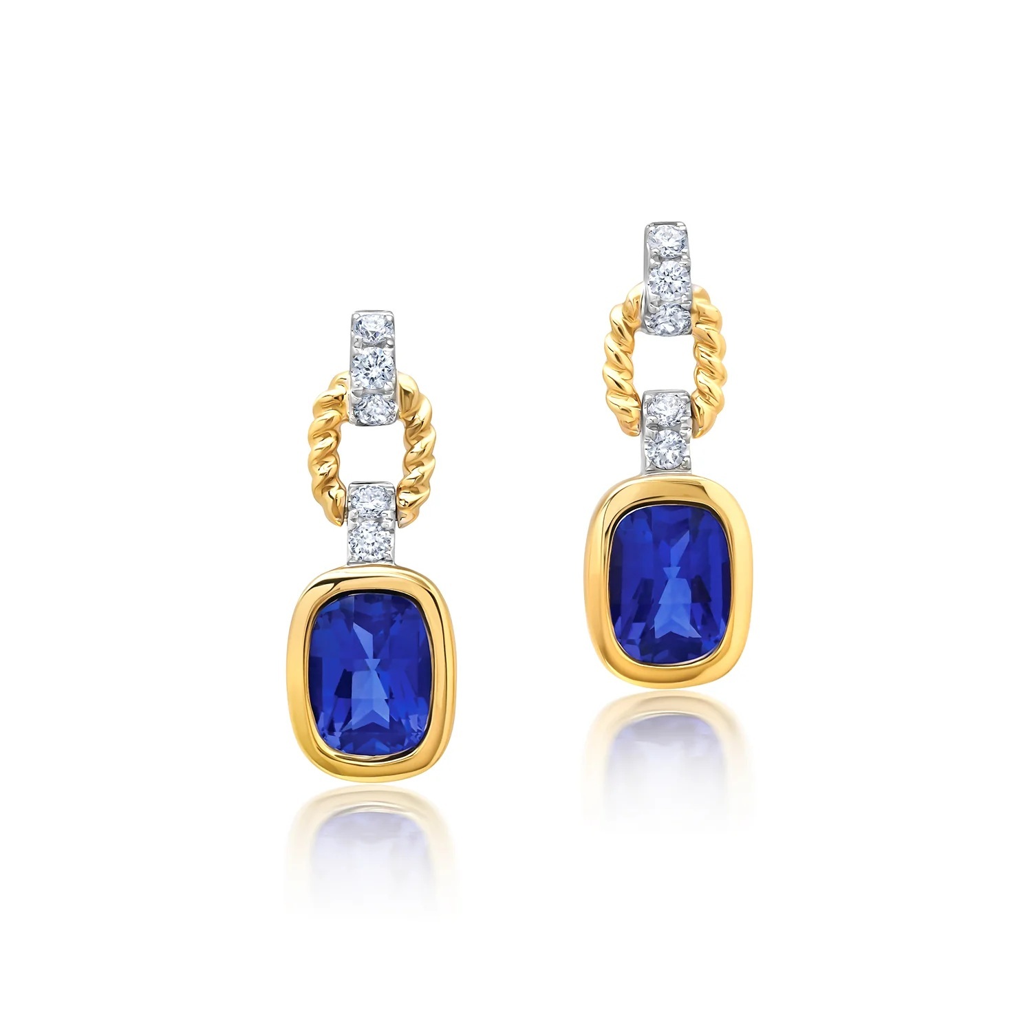 14 Karat White and Yellow Gold Antique Cushion Laboratory Grown Sapphire and Laboratory Grown Diamond Earrings