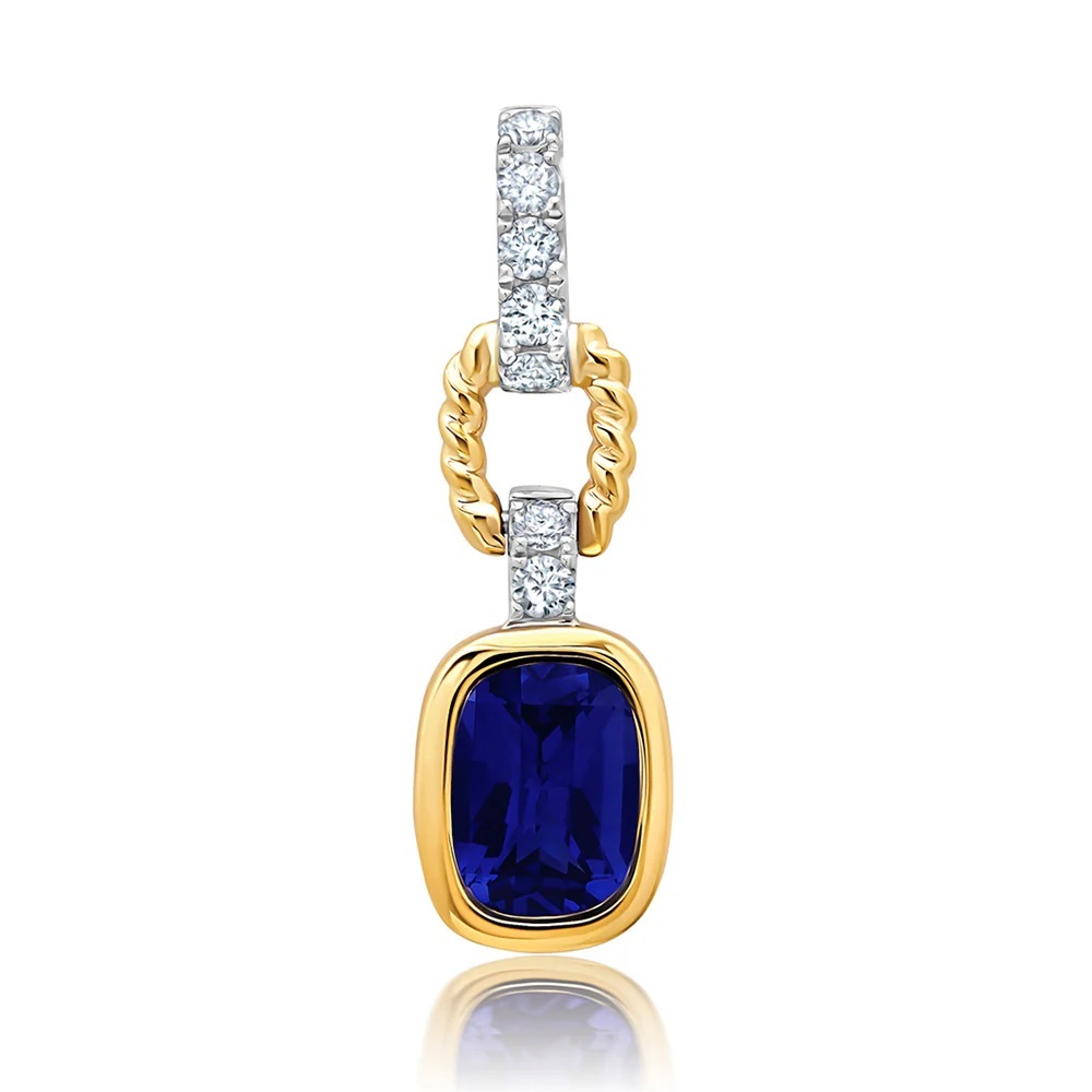 14 Karat White and Yellow Gold Antique Cushion Laboratory Grown Sapphire and Laboratory Grown Diamond Pendant
