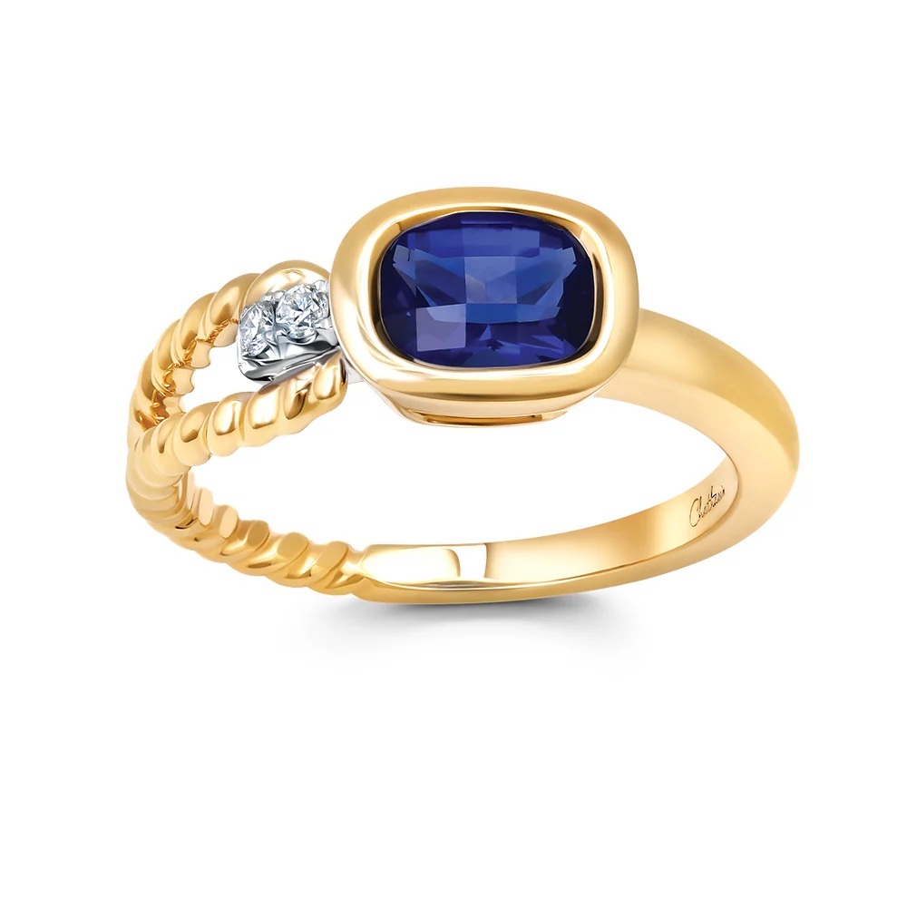 14 Karat White and Yellow Gold Antique Cushion Laboratory Grown Sapphire and Laboratory Grown Diamond Ring