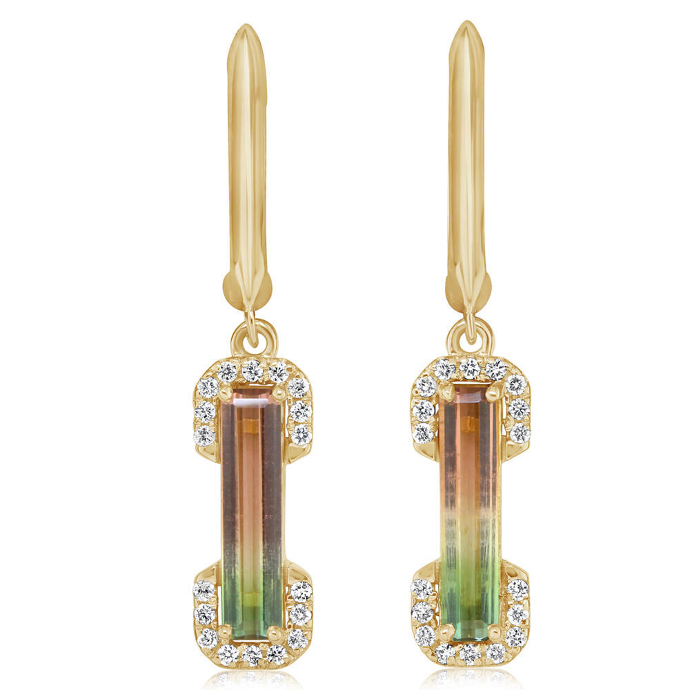 14 Karat Yellow Gold Bi-Color Tourmaline and Diamond Earrings