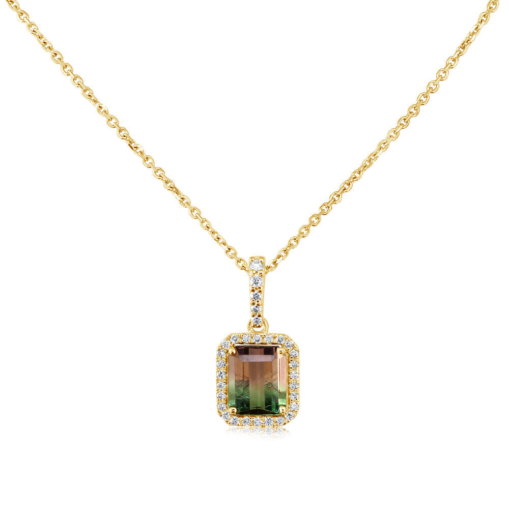 14 Karat Yellow Gold Bi-Color Tourmaline and Diamond Necklace