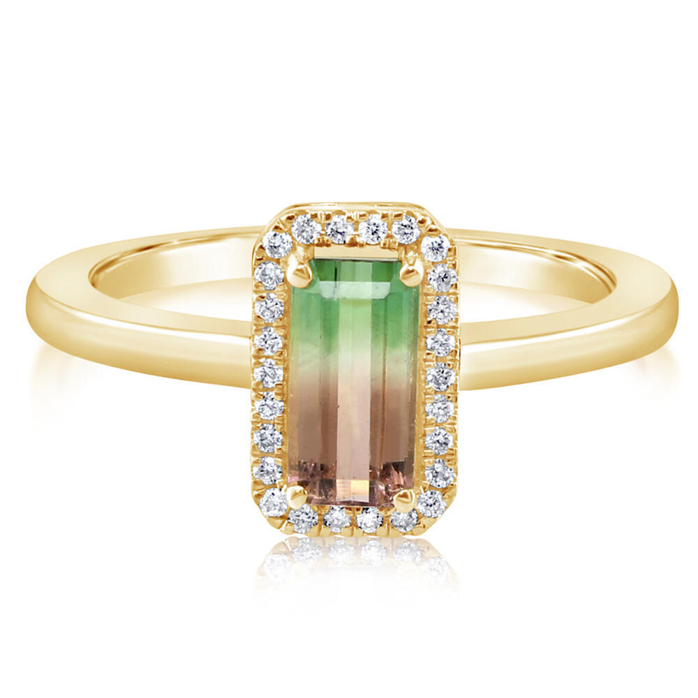 14 Karat Yellow Gold Bi-Color Tourmaline and Diamond Ring