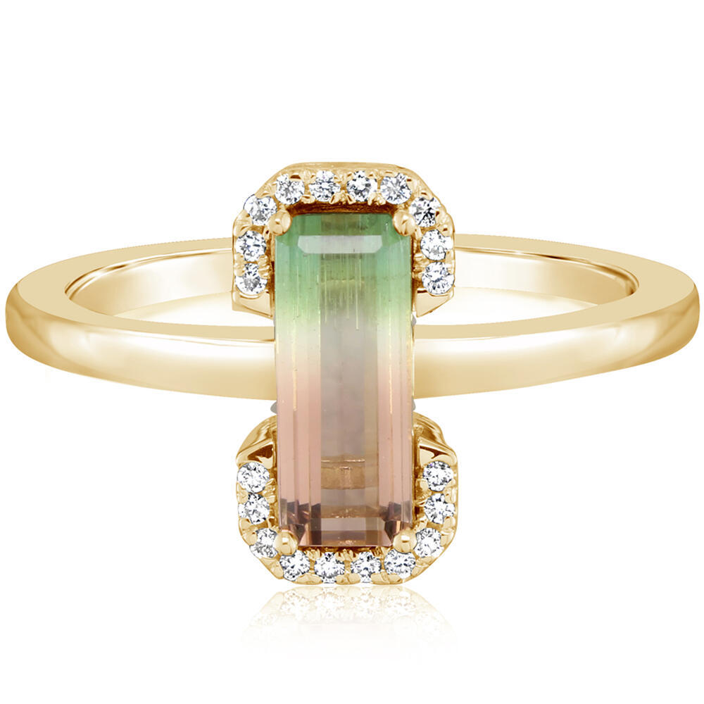 14 Karat Yellow Gold Bi-Color Tourmaline and Diamond Ring