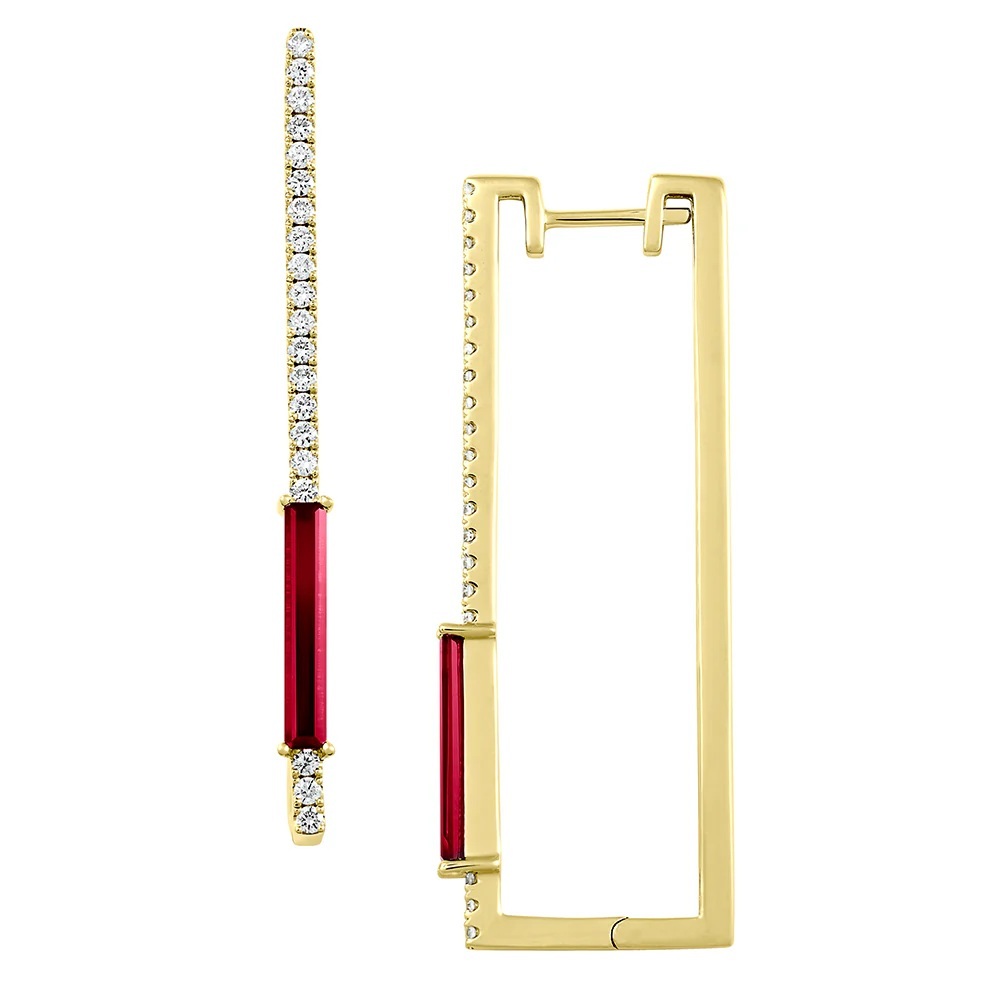 14 Karat Yellow Gold Earrings with Chatham Laboratory Grown Ruby and Laboratory Grown Diamonds