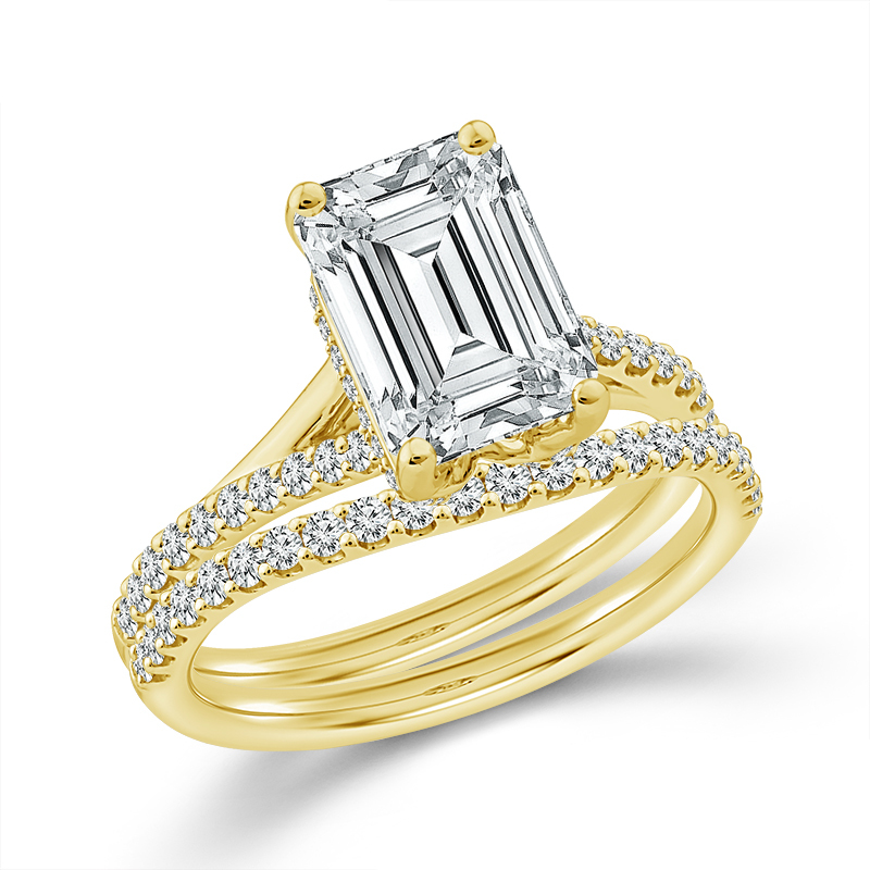 14 Karat Yellow Gold Fancy Hidden Halo Semi Mount Engagement Ring with Wedding Band