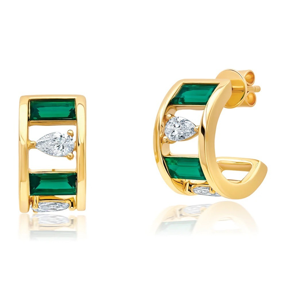 14 Karat Yellow Gold Laboratory Grown Emerald and Laboratory Grown Diamond Earrings