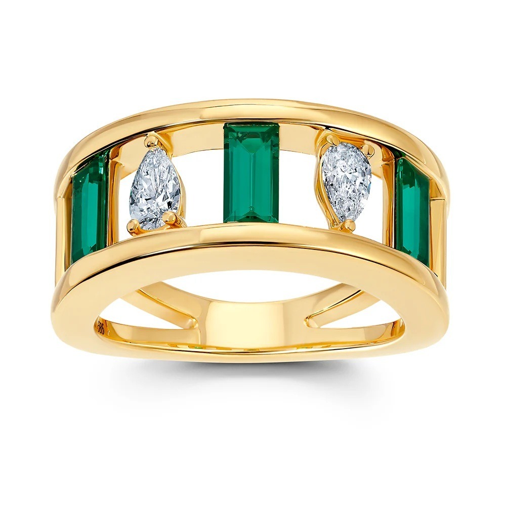 14 Karat Yellow Gold Laboratory Grown Emerald and Laboratory Grown Diamond Ring