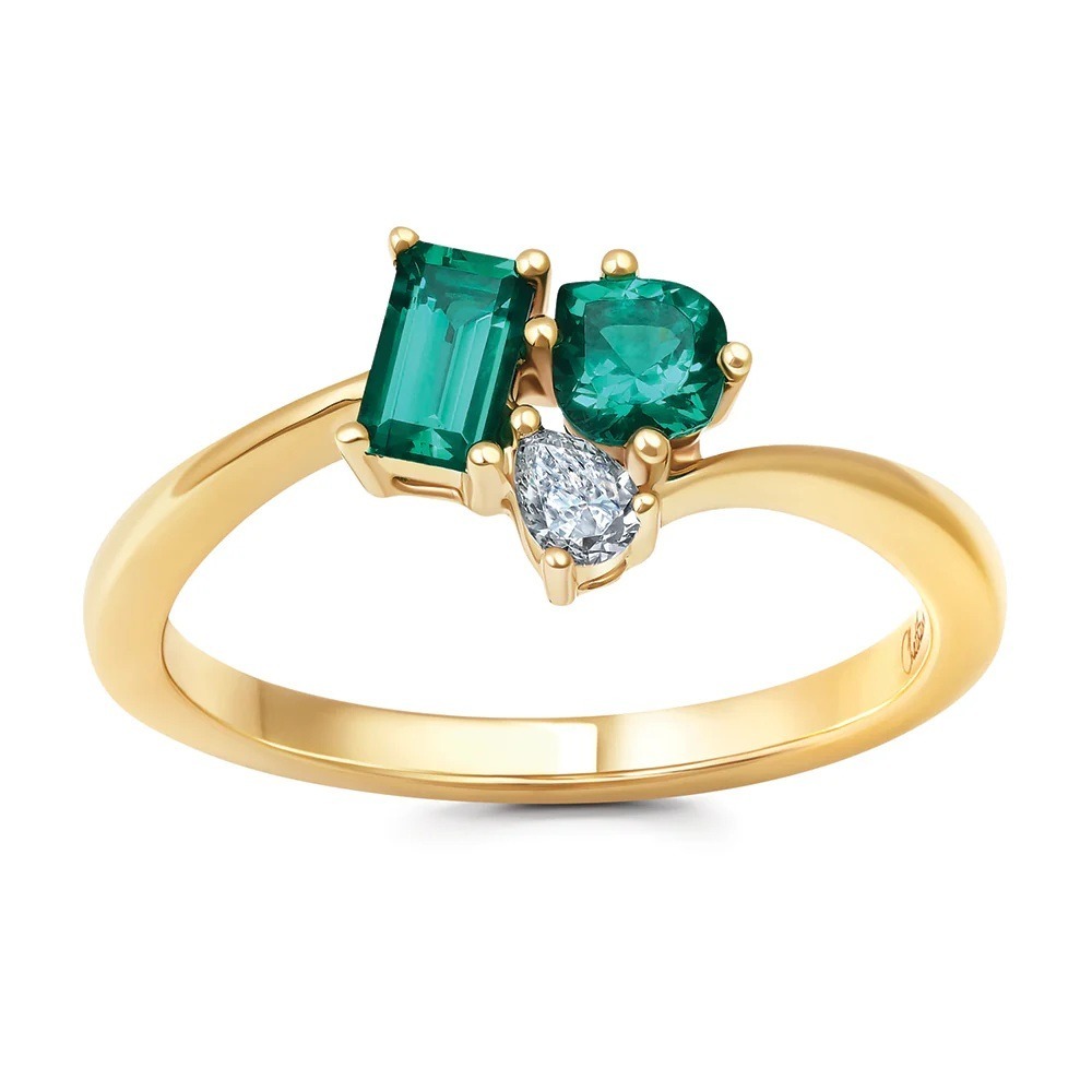 14 Karat Yellow Gold Laboratory Grown Octagon and Pear Shape Emerald and Laboratory Grown Diamond Ring