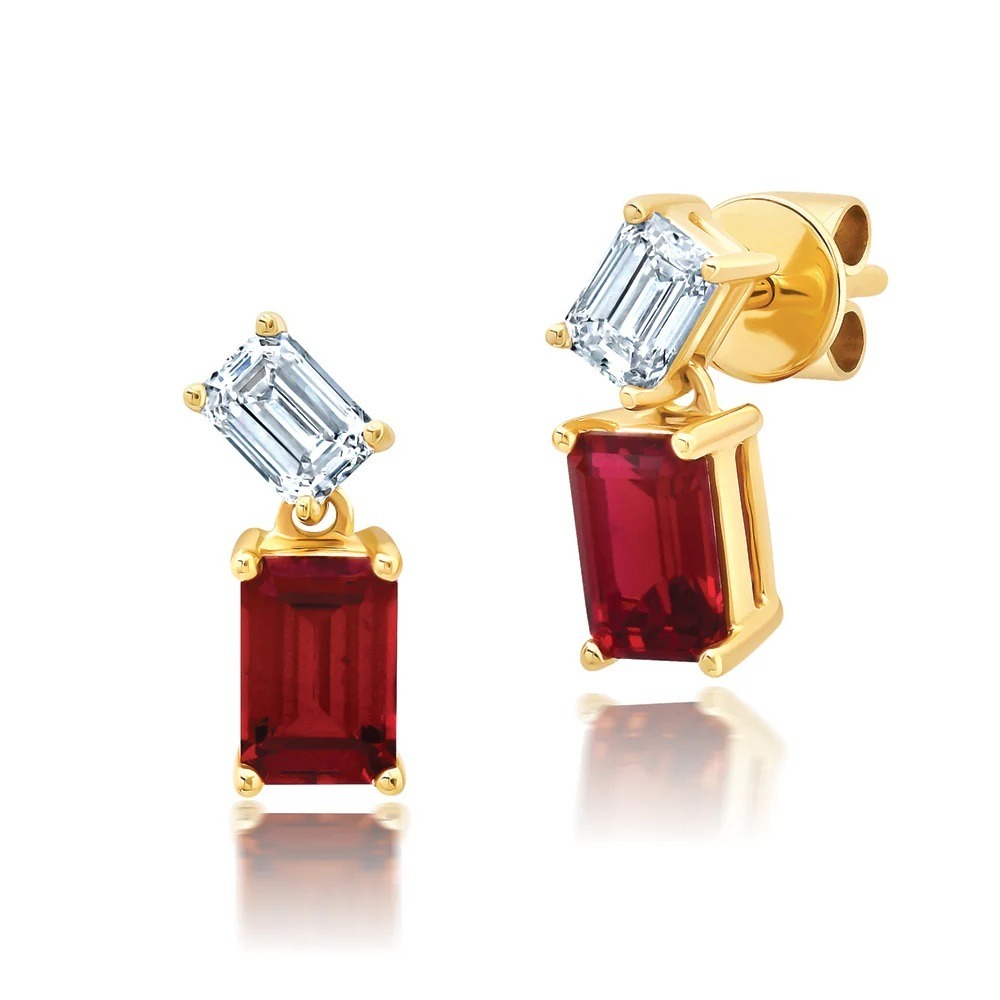 14 Karat Yellow Gold Laboratory Grown Ruby and Laboratory Grown Diamond Earrings