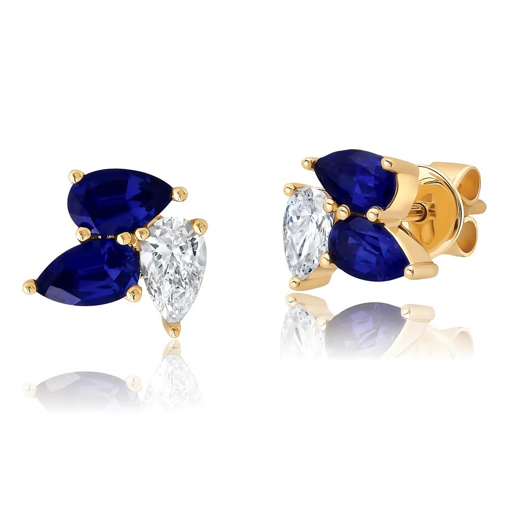 14 Karat Yellow Gold Laboratory Grown Sapphire and Laboratory Grown Diamond Earrings