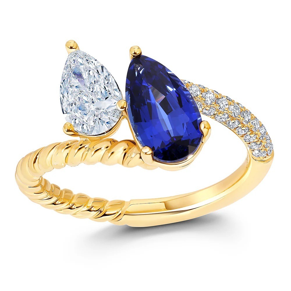 14 Karat Yellow Gold Laboratory Grown Sapphire and Laboratory Grown Diamond Ring