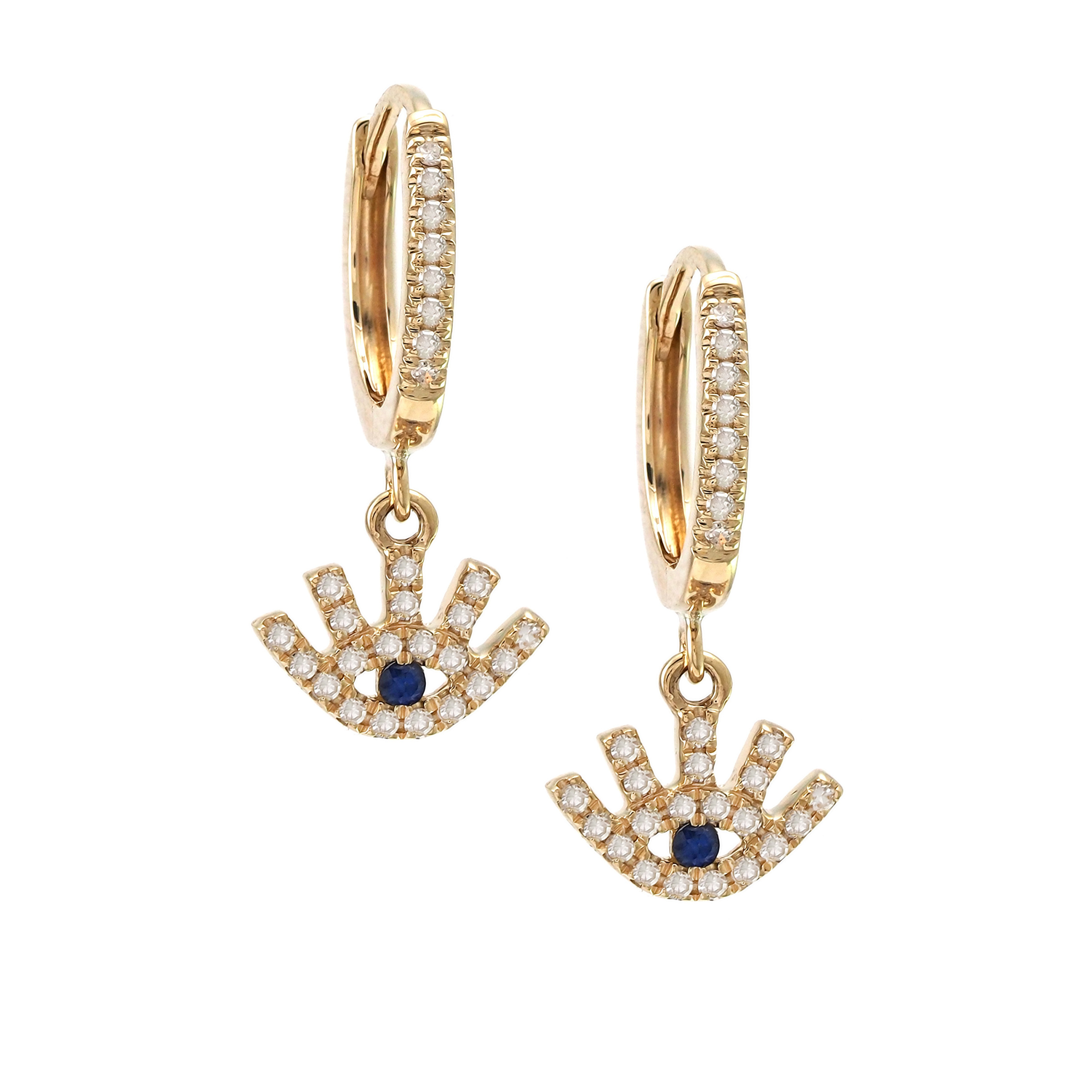14 Karat Yellow Gold Mini Diamond and Sapphire Hoop Earrings with Eye Drop Charm