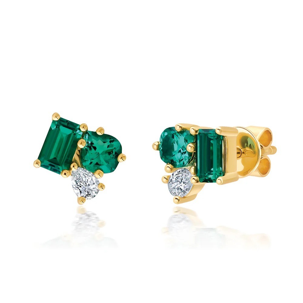 14 Karat Yellow Gold Octagon and Onion Cut Laboratory Grown Emerald and Laboratory Grown Diamond Earrings
