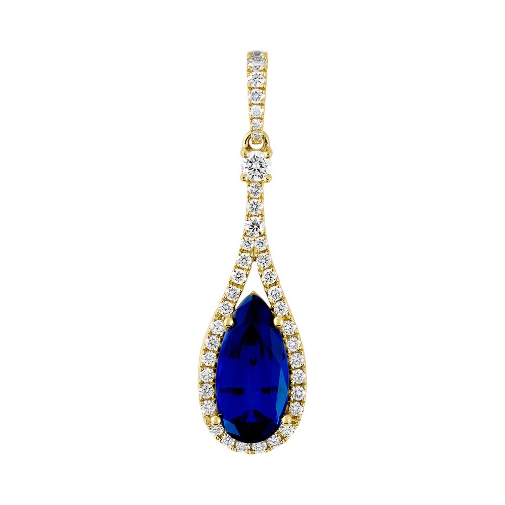 14 Karat Yellow Gold Pendant with Chatham Pear Shape Laboratory Grown Blue Sapphire and Laboratory Grown Diamonds