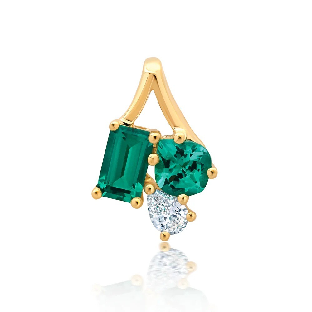 14 Karat Yellow Gold Pendant with Octagon and Onion Cut Laboratory Grown Emeralds and Laboratory Grown Diamonds
