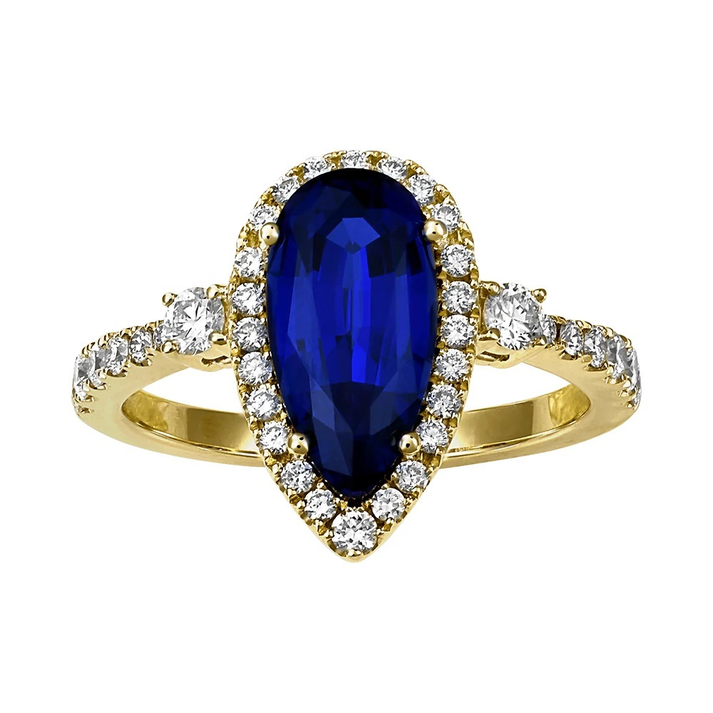 14 Karat Yellow Gold Ring with Chatham Laboratory Grown Blue Sapphire and Laboratory Grown Diamonds