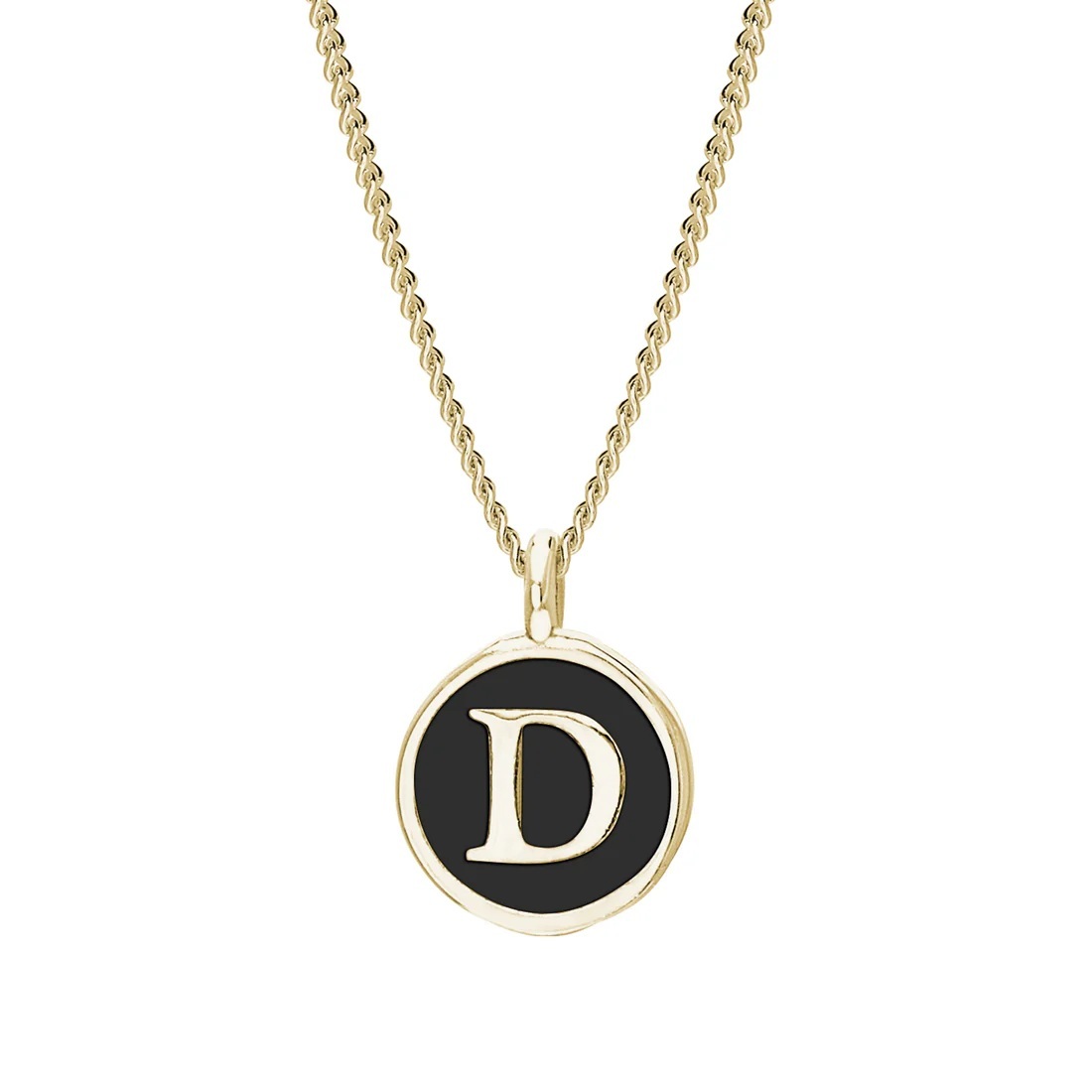 Gold Finish Sterling Silver Black Enamel Initial Necklace on 18 Inch Curb Chain - D