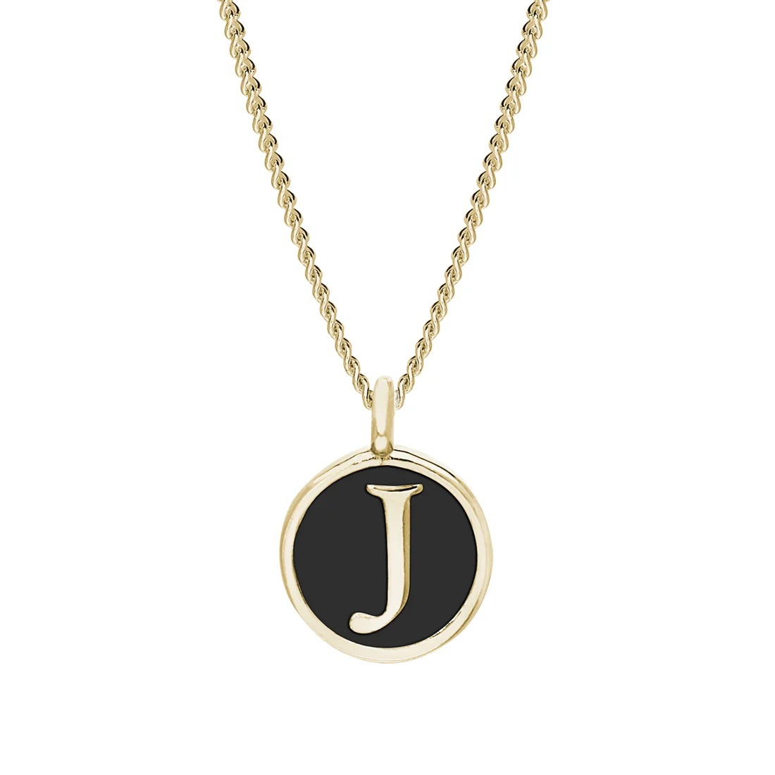 Gold Finish Sterling Silver Black Enamel Initial Necklace on 18 Inch Curb Chain - J