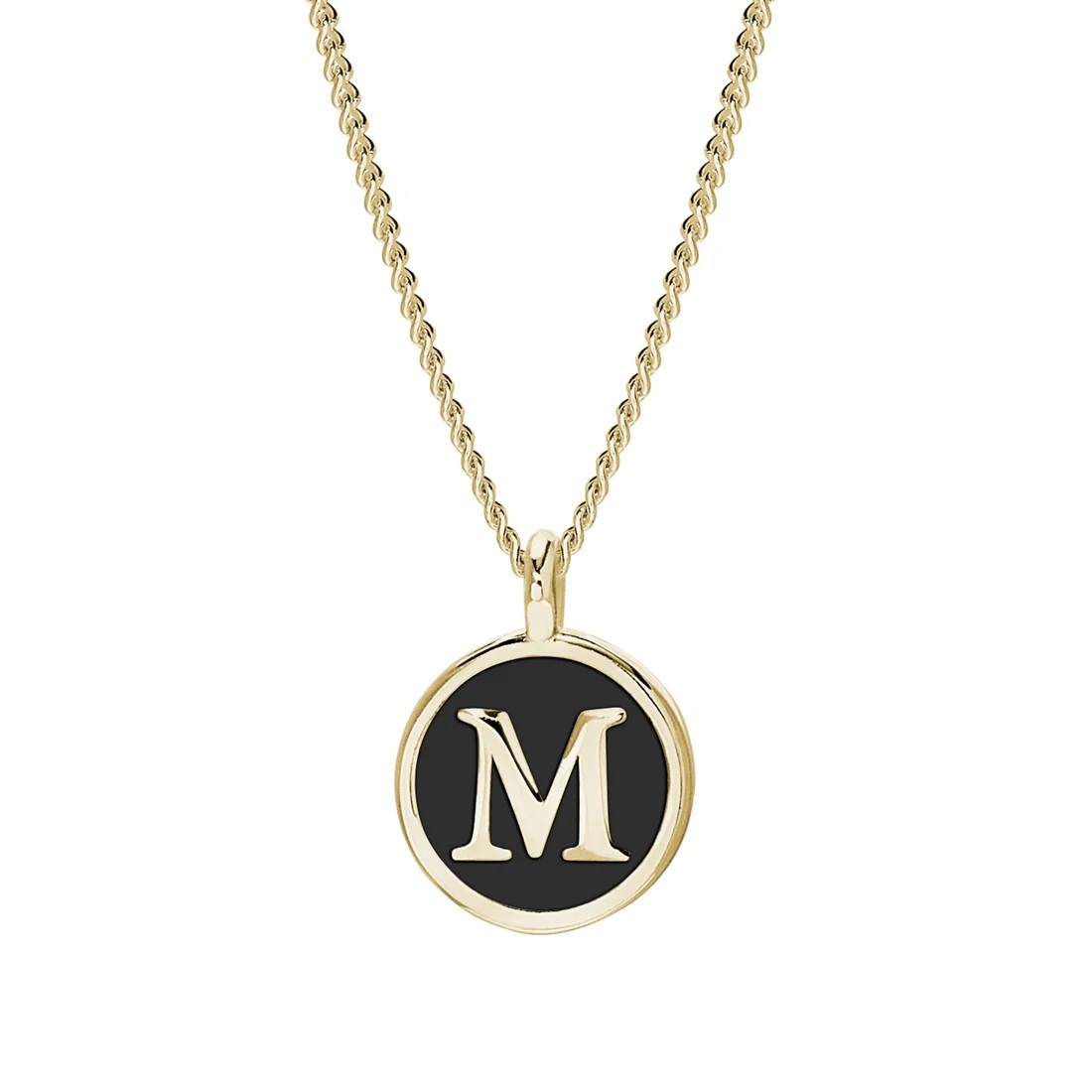 Gold Finish Sterling Silver Black Enamel Initial Necklace on 18 Inch Curb Chain - M