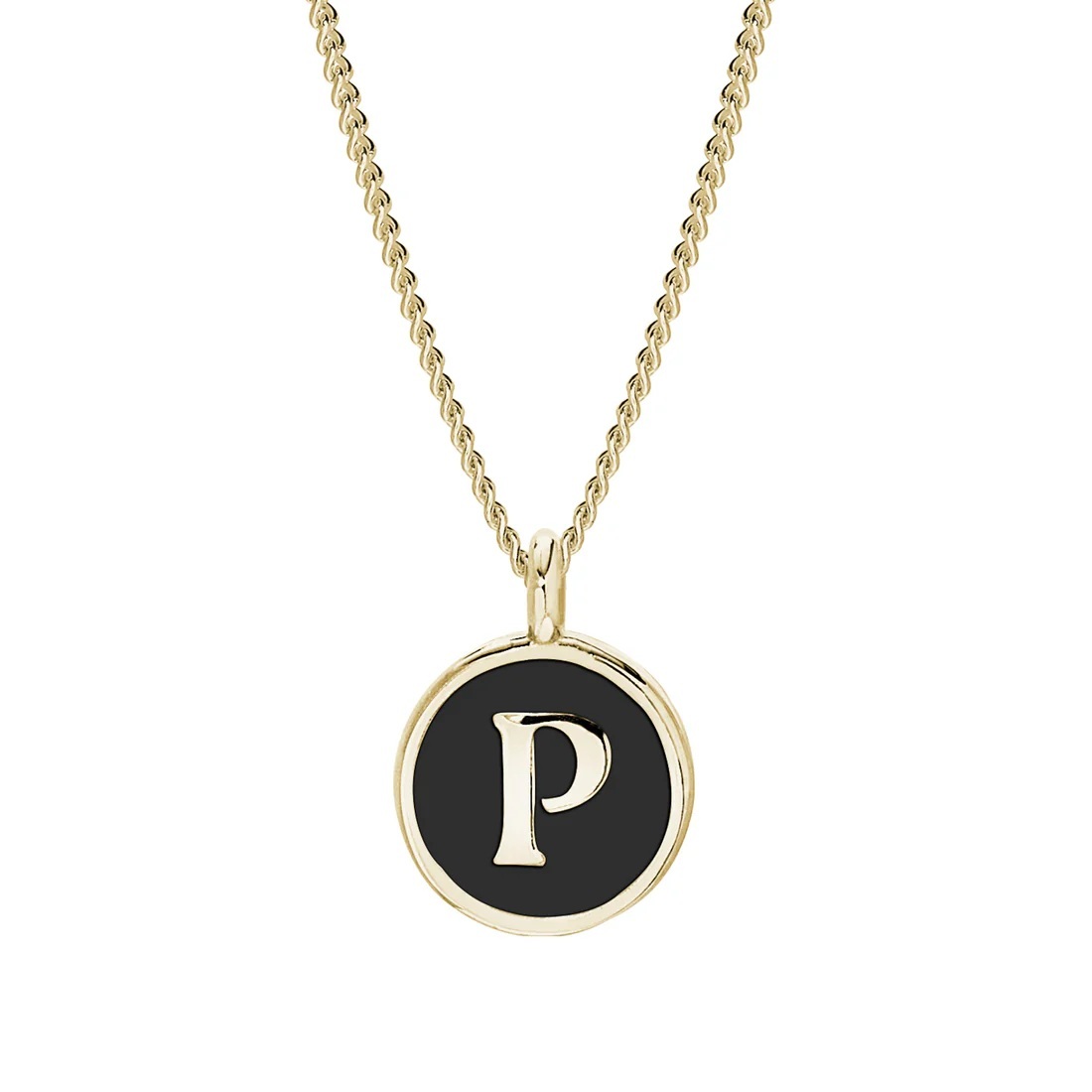 Gold Finish Sterling Silver Black Enamel Initial Necklace on 18 Inch Curb Chain - P