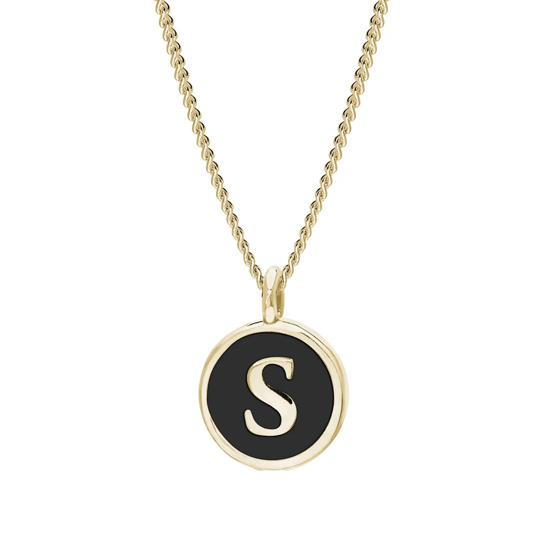 Gold Finish Sterling Silver Black Enamel Initial Necklace on 18 Inch Curb Chain - S