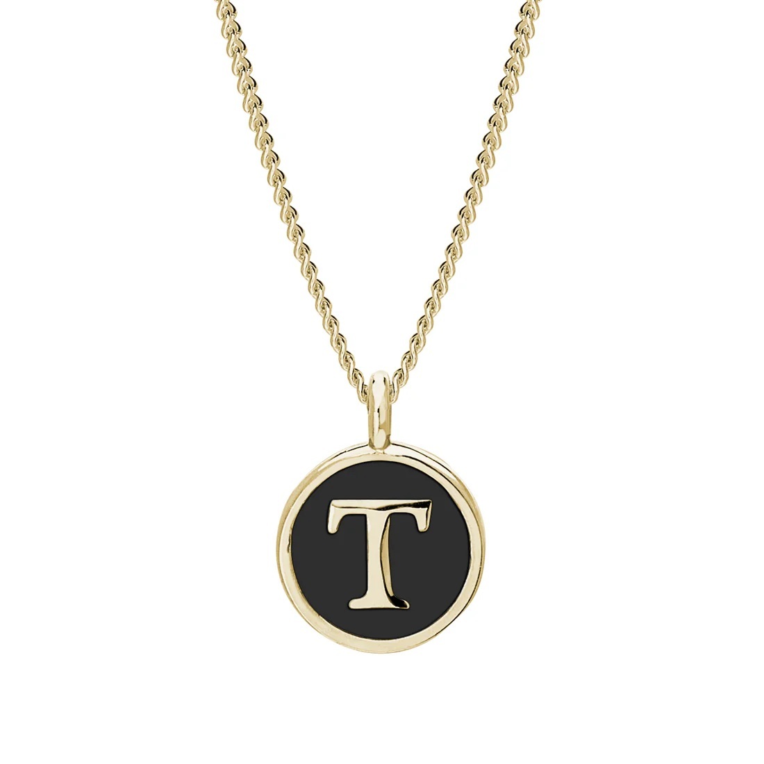 Gold Finish Sterling Silver Black Enamel Initial Necklace on 18 Inch Curb Chain - T