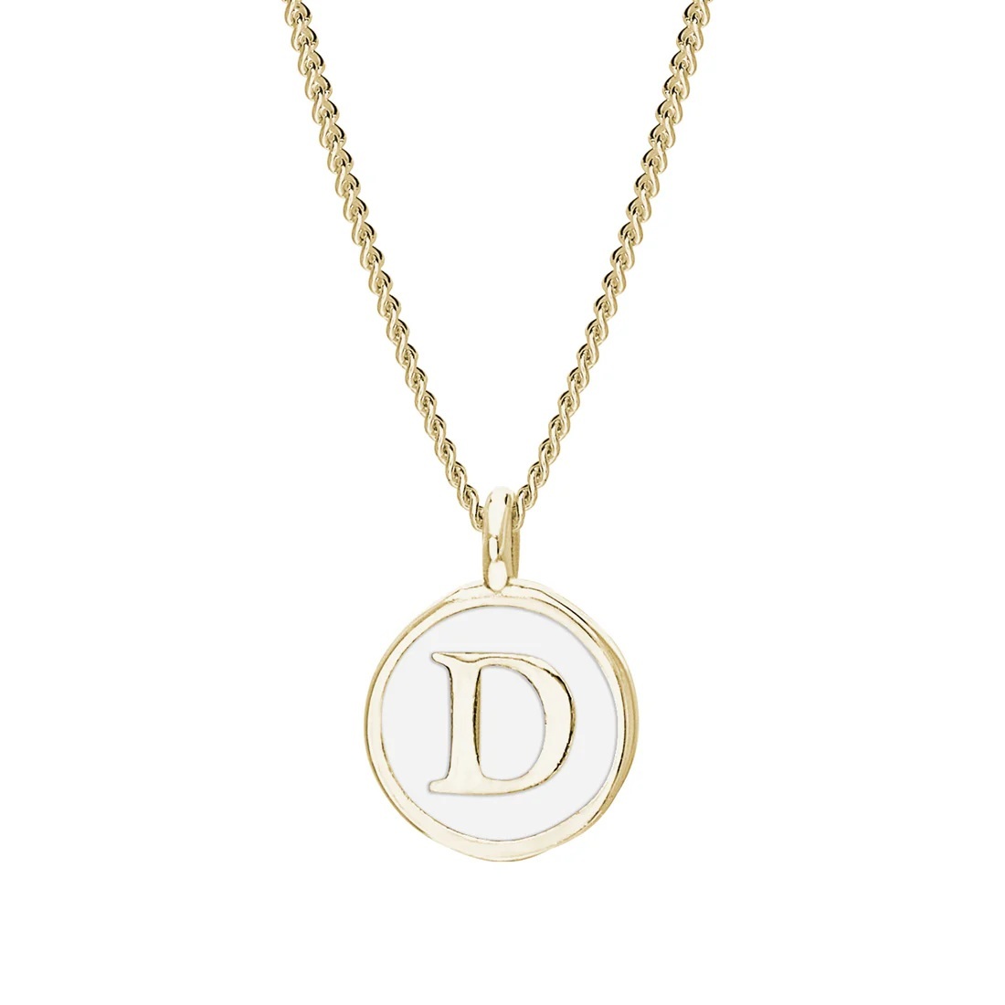 Gold Finish Sterling Silver White Enamel Initial Necklace on 18 Inch Curb Chain - D