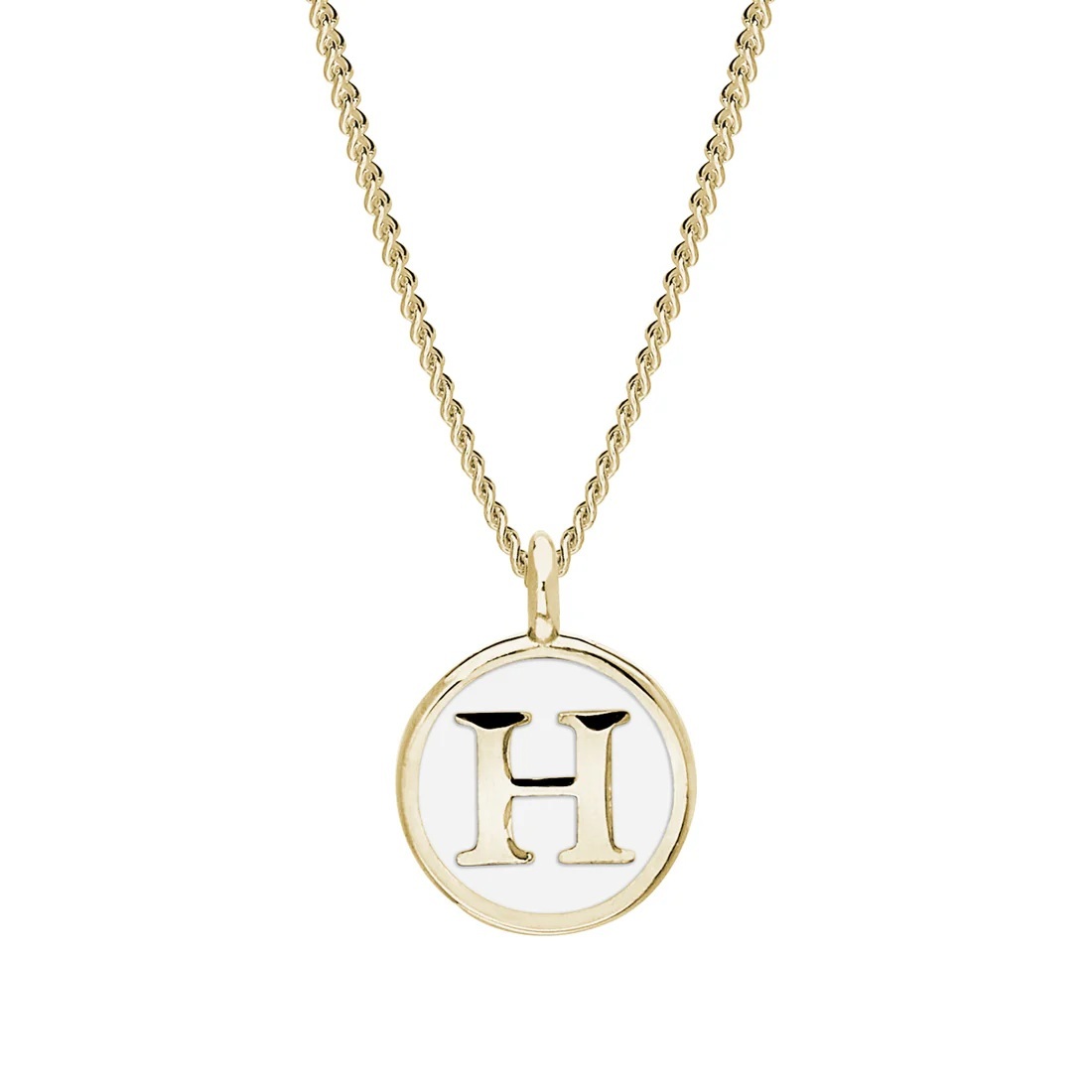Gold Finish Sterling Silver White Enamel Initial Necklace on 18 Inch Curb Chain - H