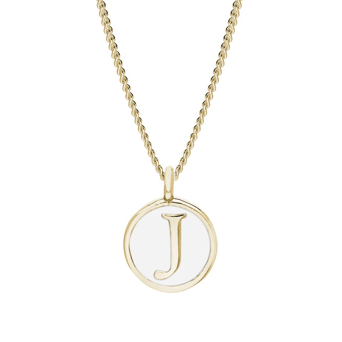 Gold Finish Sterling Silver White Enamel Initial Necklace on 18 Inch Curb Chain - J