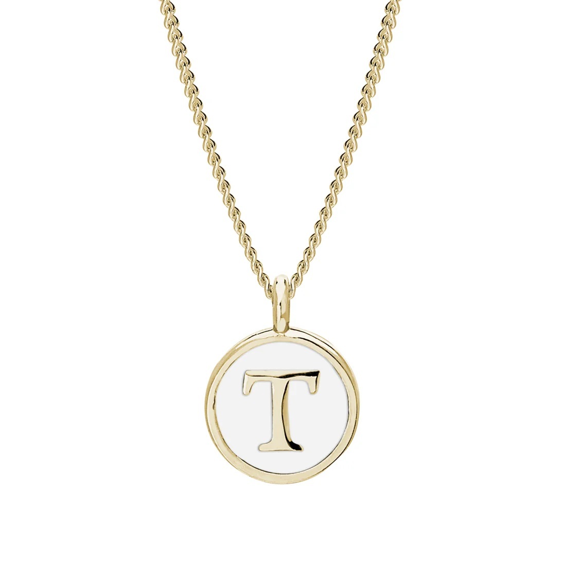 Gold Finish Sterling Silver White Enamel Initial Necklace on 18 Inch Curb Chain - T