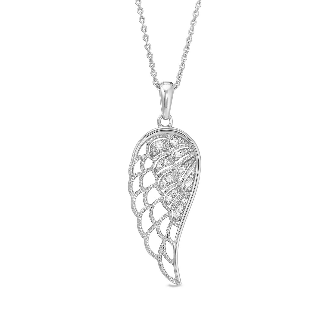 Platinum Finish Sterling Silver Micropave Angel Wing Pendant with Simulated Diamonds on Adjustable Chain