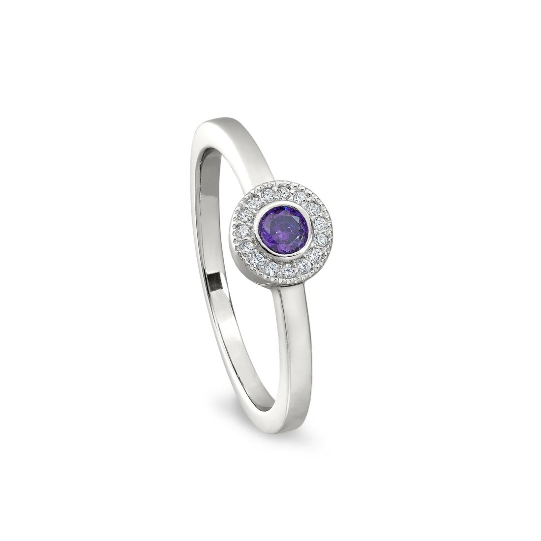Platinum Finish Sterling Silver Micropave Round Simulated Amethyst Ring with Diamonds Size 7