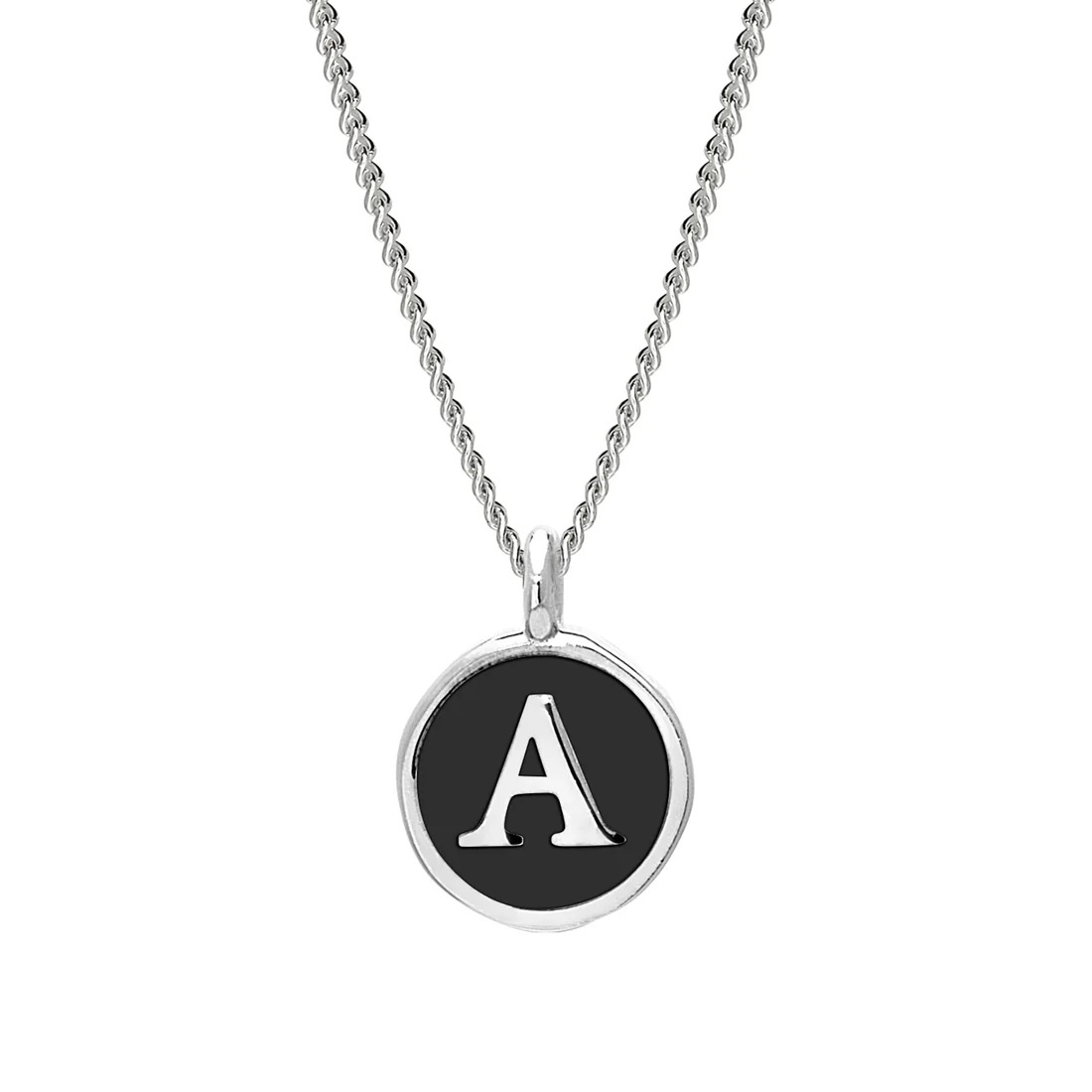 Rhodium Finish Sterling Silver Black Enamel Initial Necklace on 18 Inch Curb Chain - A