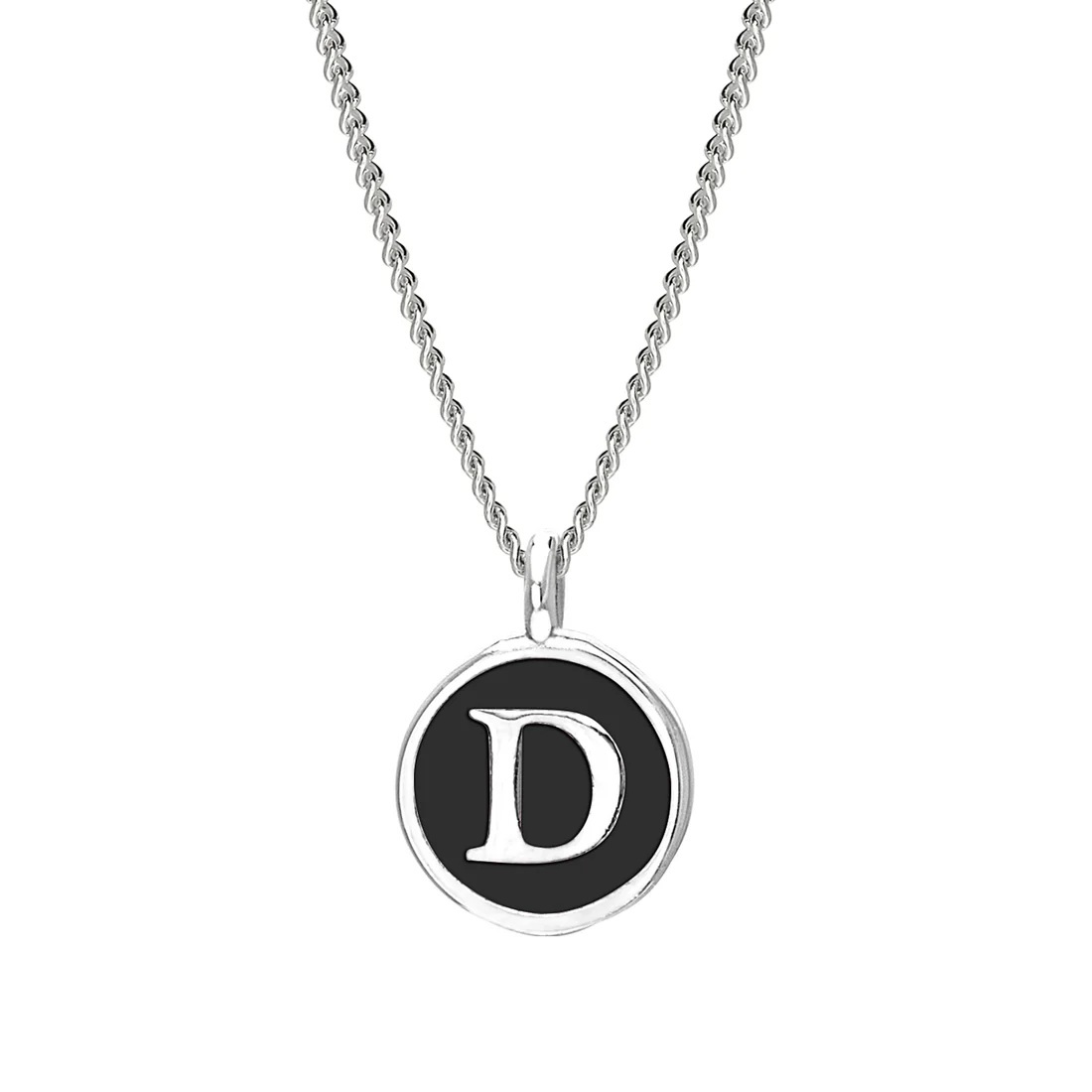 Rhodium Finish Sterling Silver Black Enamel Initial Necklace on 18 Inch Curb Chain - D