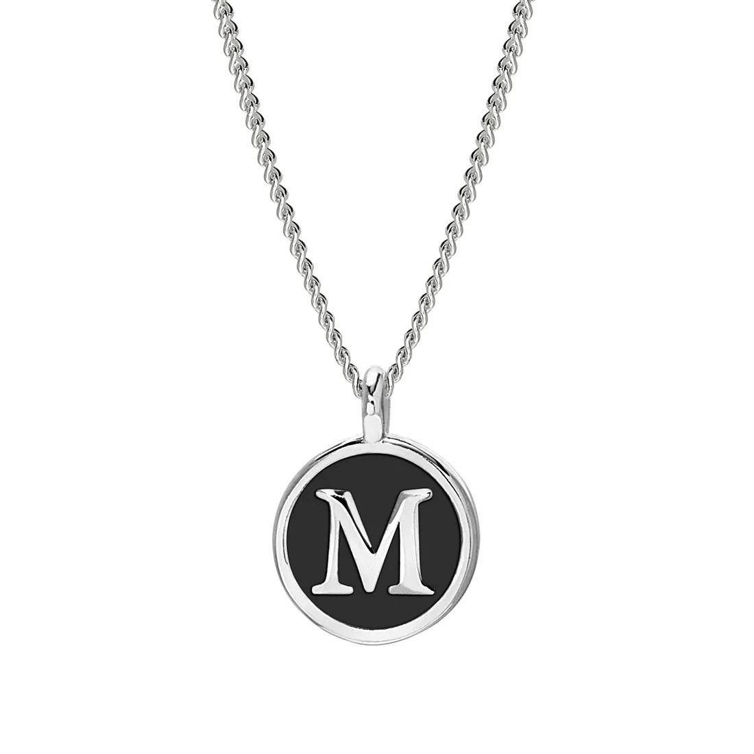 Rhodium Finish Sterling Silver Black Enamel Initial Necklace on 18 Inch Curb Chain - M